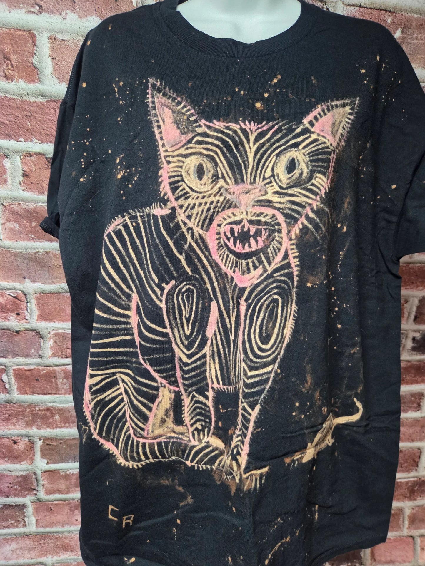 Hand Painted Cat Horror Tee — Bleached Wearable Art | Canvas Rejects
